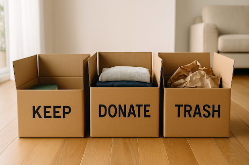 Large labeled boxes with folded items for estate cleanout.